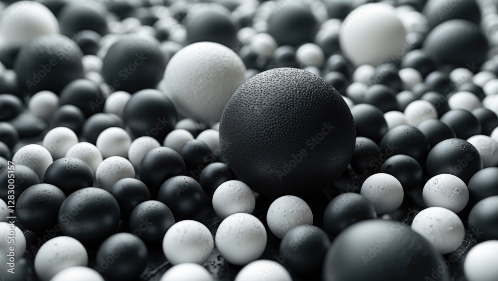 Poster abstract composition of textured black and white spheres creating a visually striking pattern suitab