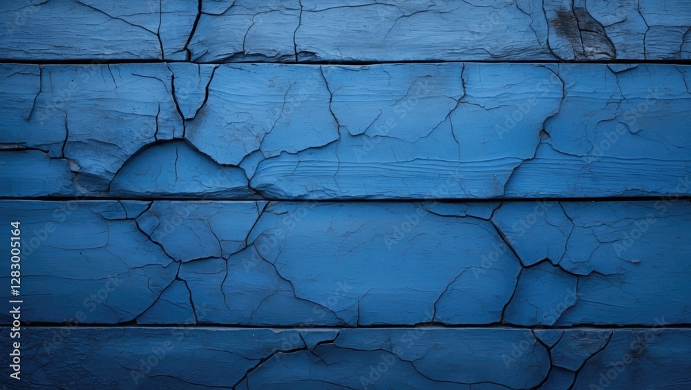 Poster Blue weathered wooden texture with cracks and peeling paint on surface for background or texture use.