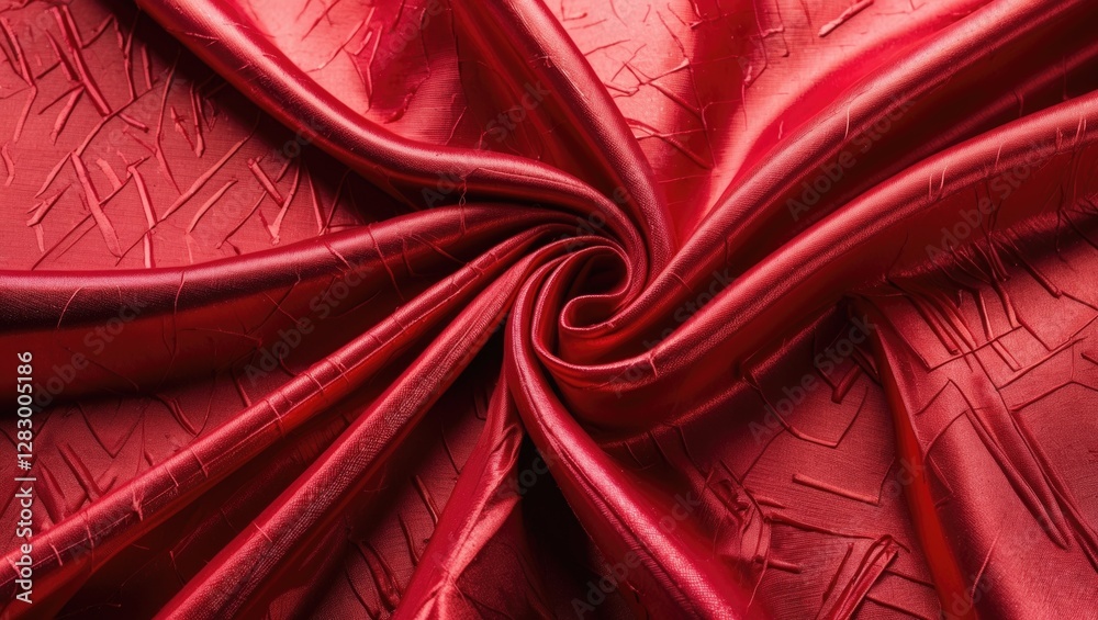 Aufkleber Textured bright red fabric close-up with intricate patterns and folds creating a dynamic spiral appearance.