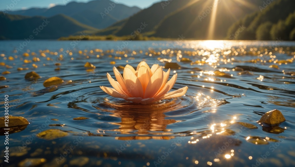 Poster lotus flower blooming on the water surface with sparkling reflections and mountainous background dur