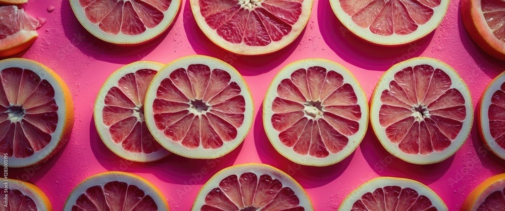 Poster Slices of pink grapefruit arranged on a vibrant pink background creating a colorful and refreshing food composition