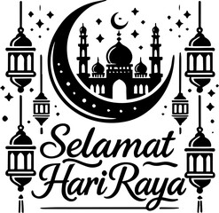 Black and white Eid greeting with mosque and lanterns.