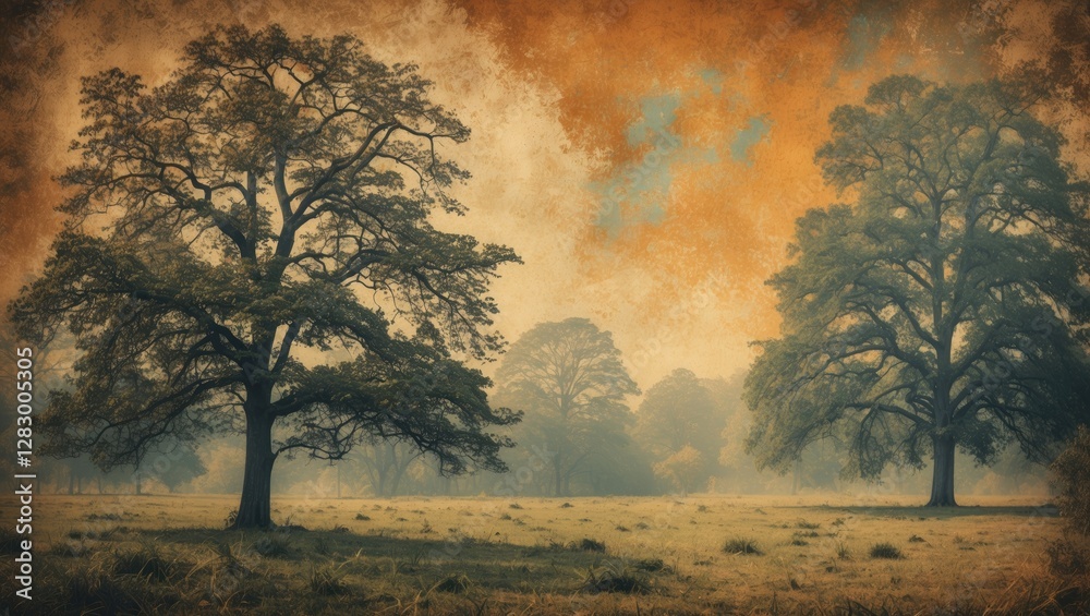 Poster Landscape featuring two large trees in a misty field with warm orange and blue tones in the background during sunrise or sunset.