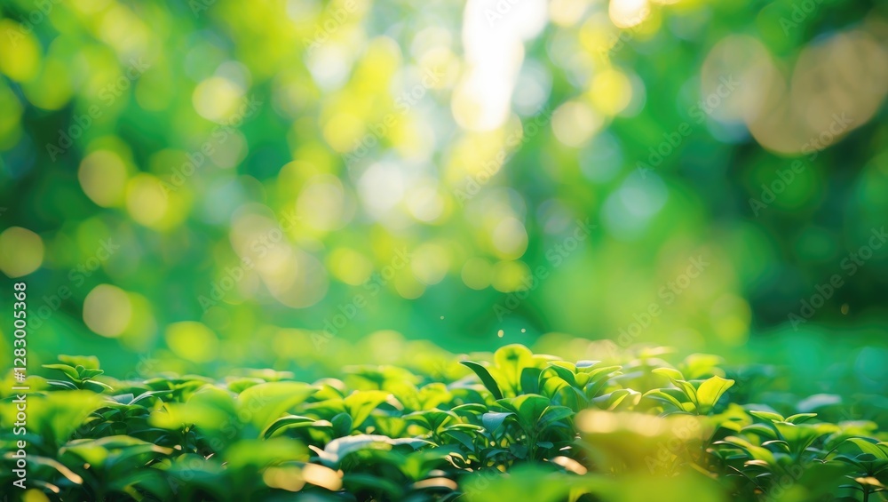 Poster green foliage with blurred background capturing sunlight and natural bokeh effects in a lush environ