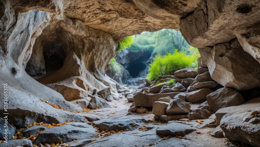 Poster cave interior view with rocky formations and lush greenery in soft light during daytime in a natural