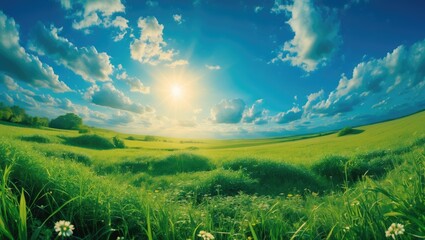Panoramic View of Lush Green Field Under Bright Blue Sky and Sunlight with Space for Custom Text or Branding