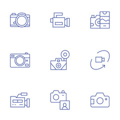 Camera icons set. Thin Line style, editable stroke. video camera, camera T, camera, photo camera, degree