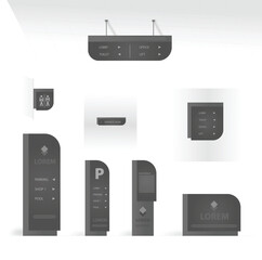 Wayfinding system signage mockup set, Direction signs, Exterior and interior way finding design, Shopping mall navigation mock up, Public place and commercial building information, Vector