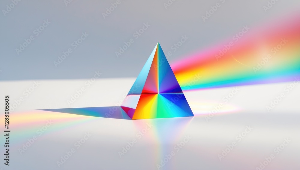 Poster prism demonstrating light refraction with colorful spectrum reflecting onto surface in studio settin