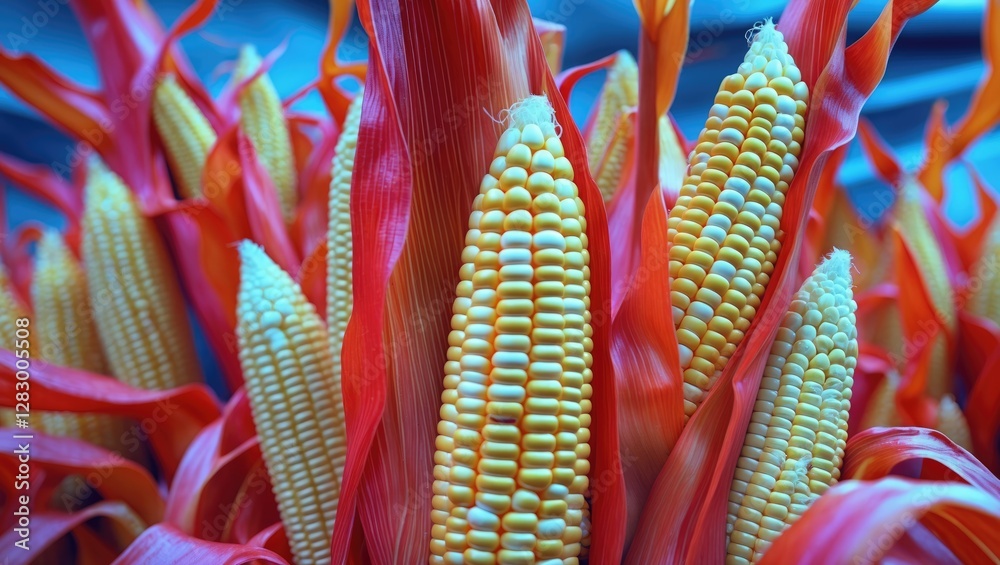 Poster Yellow corn ears with bright red husks in a close-up arrangement, emphasizing texture and color contrast in agricultural setting
