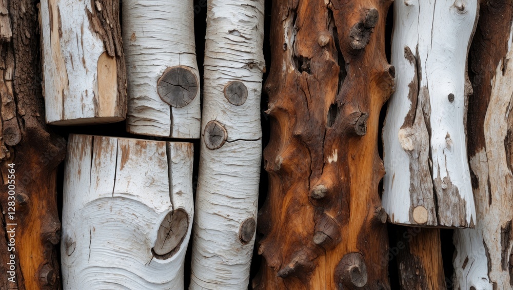 Poster various types of tree logs stacked together featuring different textures and colors of bark wood