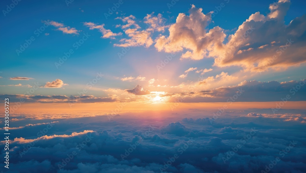 Poster sunset above the clouds with colorful sky and scattered clouds illuminated by sunlight in a serene a