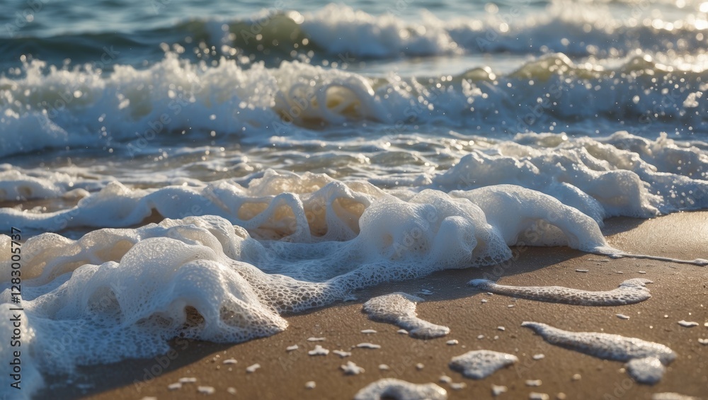 Poster close-up of ocean waves crashing on sandy beach with foam and bubbles during daylight illustrating n