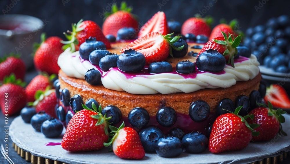 Poster Fresh fruit layer cake topped with strawberries and blueberries on a dark surface with additional berries in the background.