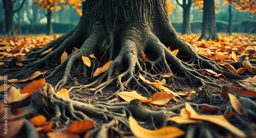 Poster Tree roots in autumn landscape with fallen leaves creating a natural ground texture in a serene outdoor environment
