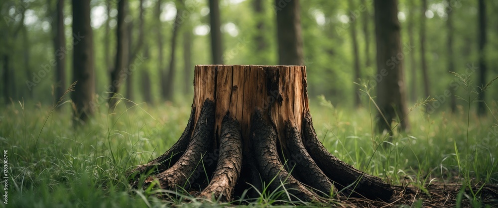 Poster tree stump surrounded by grass in a green forest with soft natural lighting and blurred background e