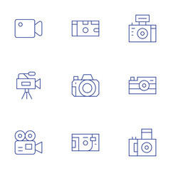 Camera icons set. Thin Line style, editable stroke. video camera, disposable camera, camera