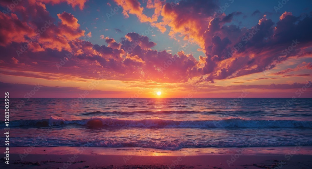 Poster vibrant sunset over the ocean with colorful clouds reflecting on the water surface and gentle waves 