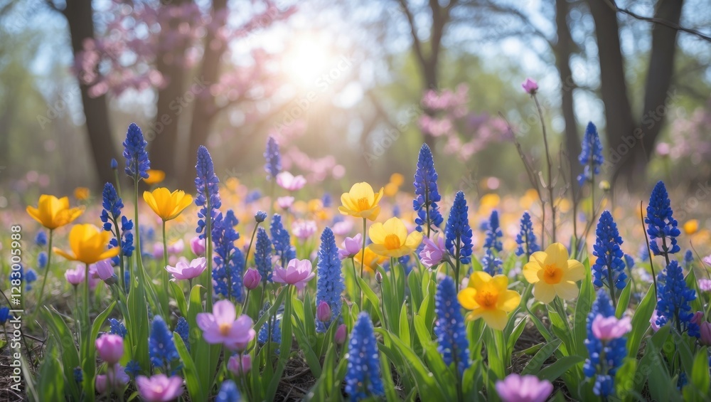 Poster colorful spring wildflower meadow with various blossoms and sunlight filtering through trees in the 