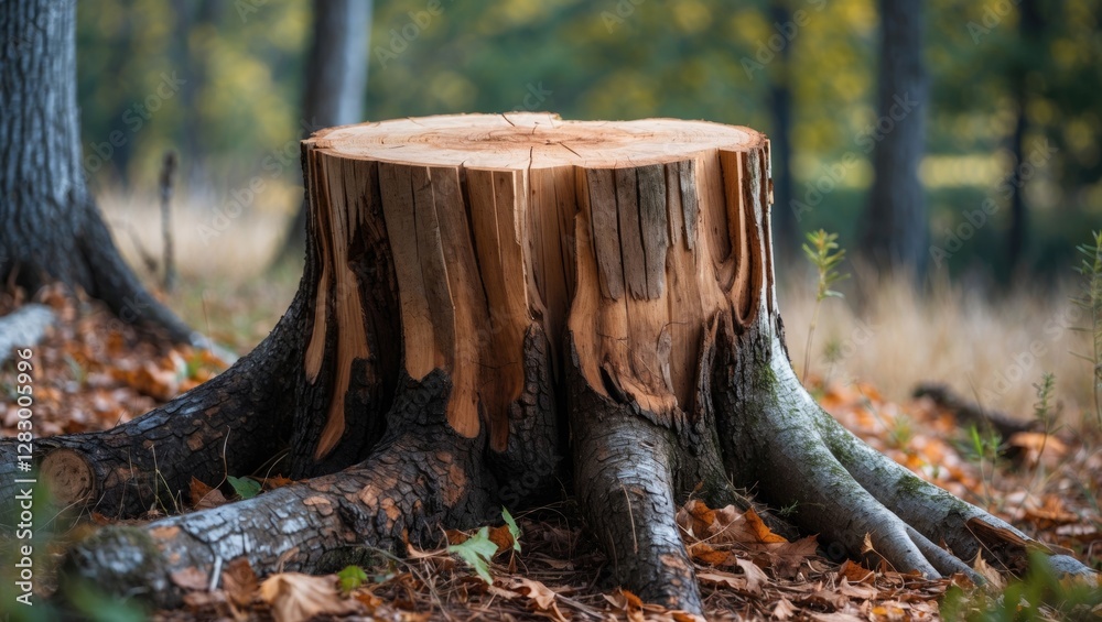 Poster stump of a cut tree in a forest environment surrounded by autumn foliage and soft natural lighting