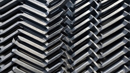 Industrial metal surface with intricate patterns of stacked steel components in varying shades of grey and light reflections.