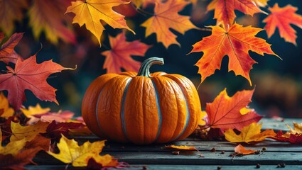 Naklejka premium Autumn leaves and a fresh pumpkin on a rustic wooden table creating a warm Thanksgiving atmosphere for seasonal decor ideas.