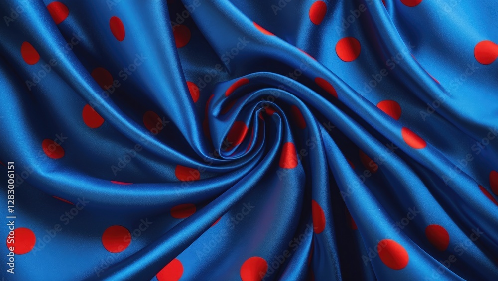 Aufkleber Blue satin fabric with red polka dots in a swirling pattern showing smooth texture and vibrant colors.
