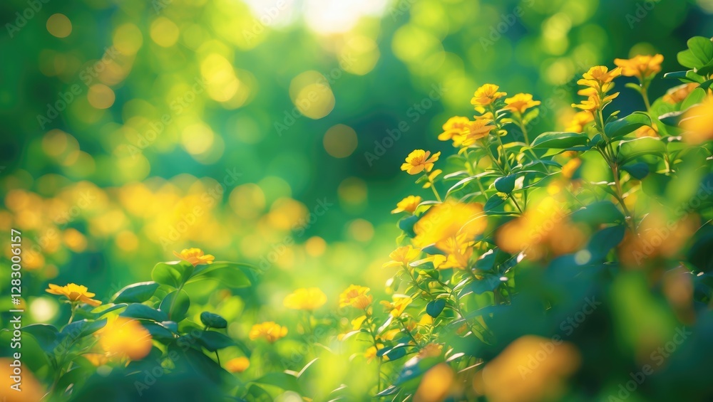 Poster yellow flowers in a green garden with soft bokeh background representing nature and spring ambiance