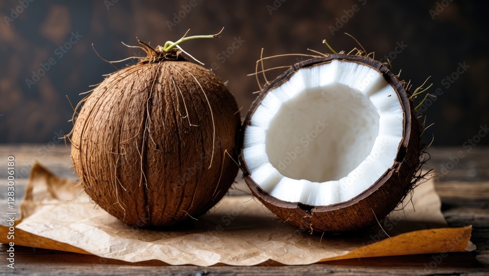 Poster coconut fruit with outer shell intact and split open revealing white flesh on rustic wooden backgrou