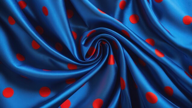 Blue satin fabric with red polka dots in a swirling pattern showing smooth texture and vibrant colors.