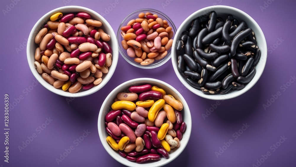 Poster various types of beans in white bowls arranged on a purple background showcasing colors and shapes o