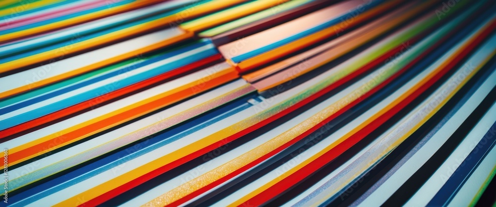 Poster colorful assortment of overlapping textured paper strips in varying widths and hues arranged in a wa