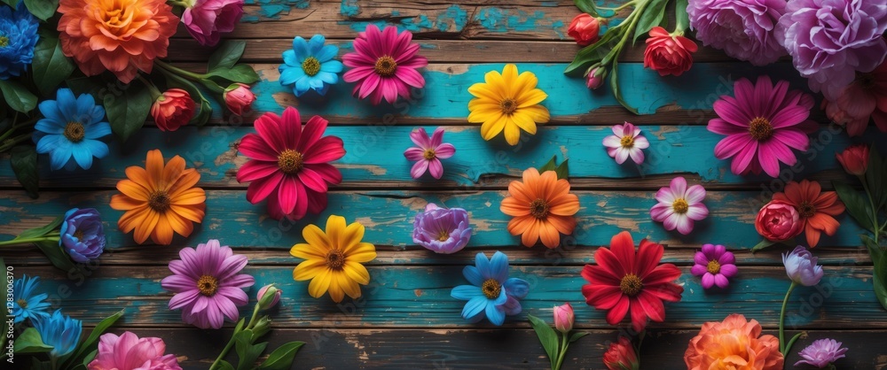 Poster colorful assortment of artificial flowers arranged on a weathered wooden background in various shape
