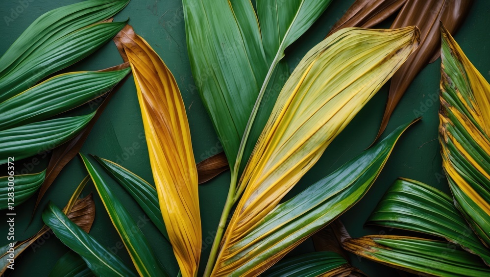 Poster green and yellow tropical palm leaves on a dark background in a flat lay composition. natural textur