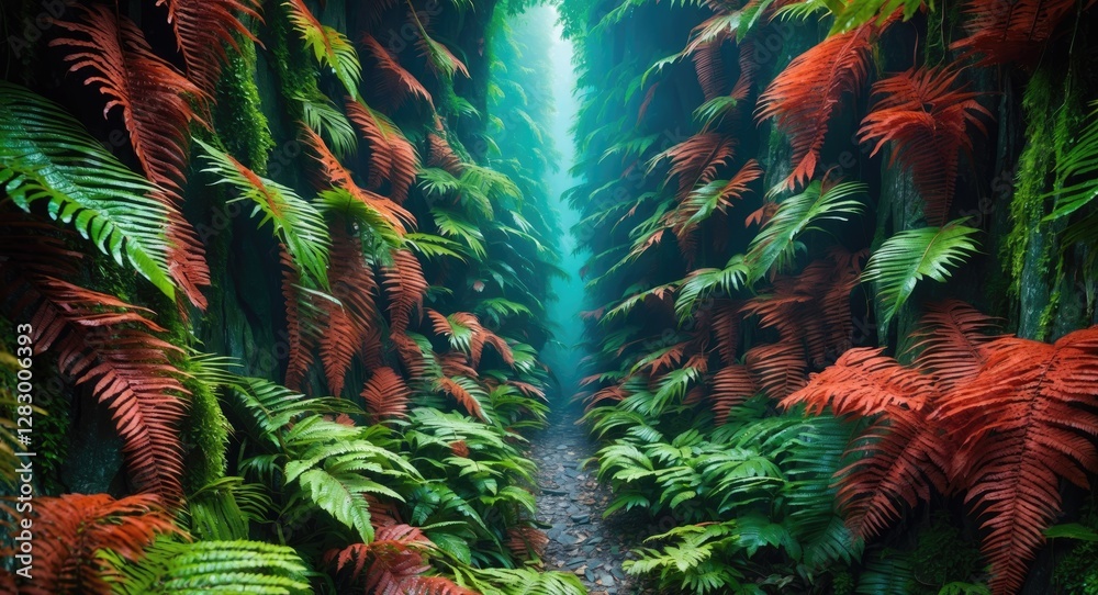 Poster vibrant green and red fern foliage lining a narrow forest pathway creating a lush natural corridor i