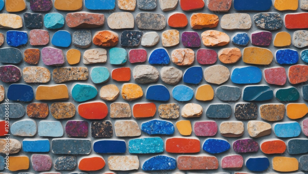 Poster Colorful mosaic pattern made of small stones and tiles in various shapes and sizes arranged on a flat surface.