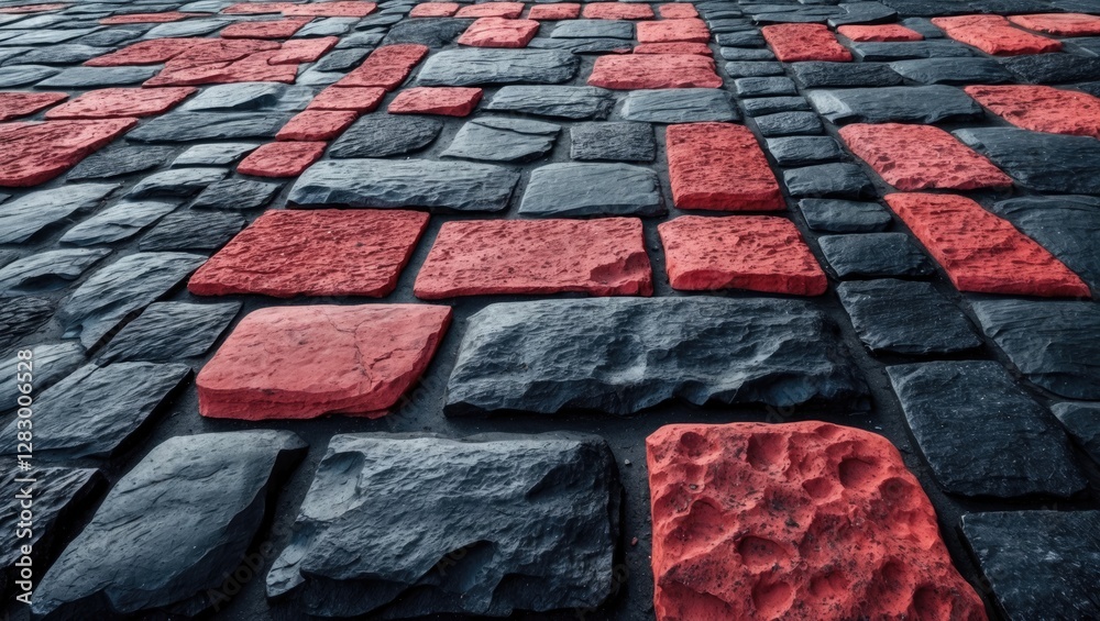 Poster Textured cobblestone pavement with black and red stones arranged in a pattern viewed from a low angle perspective.