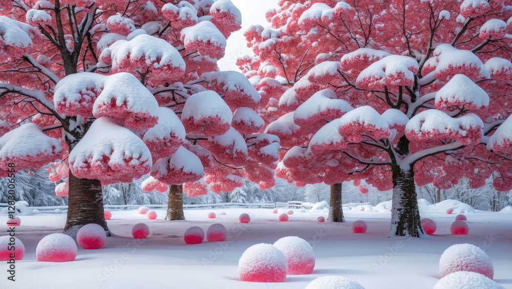 Poster pink snow-covered trees with rounded pink objects in winter landscape scenery.