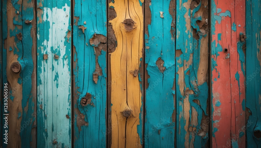 Poster colorful weathered wooden planks with peeling paint in blue orange and red tones creating a rustic t