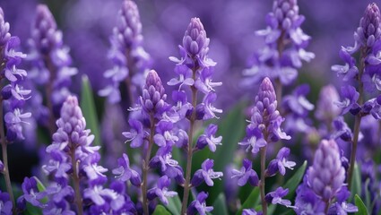 Naklejka premium Closeup of vibrant purple violet flowers in a lush green background showcasing nature's beauty and delicate floral details.
