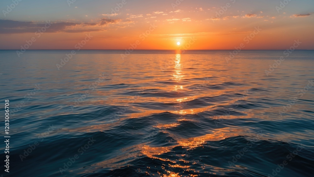 Poster sunset over calm ocean water with reflections creating a gradient of orange and blue hues in the sky