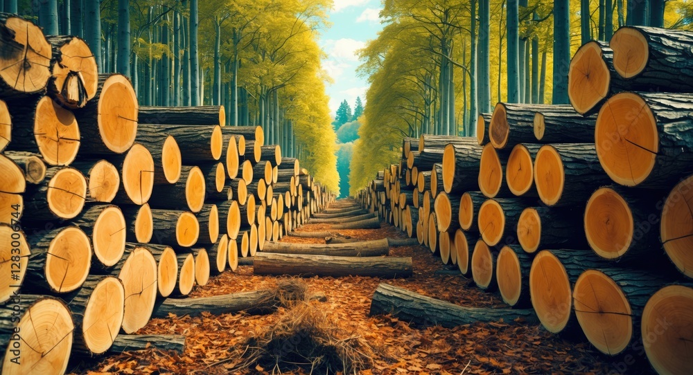 Poster logs stacked along a forest pathway with vibrant autumn foliage and tall trees in the background und