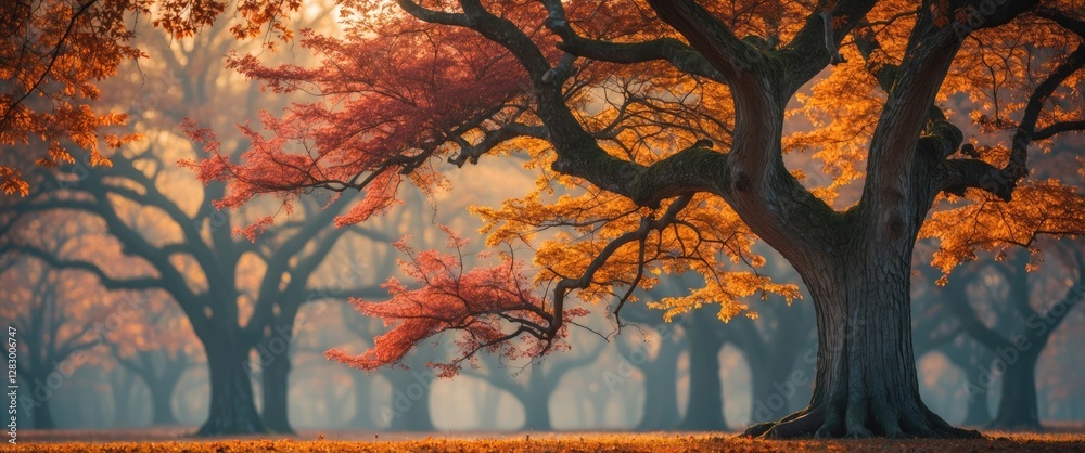 Poster autumn landscape with vibrant orange and red trees in a misty forest setting during golden hour ligh