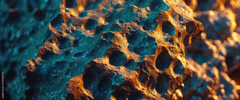 Poster textured surface of a rock formation with deep cavities illuminated by blue and orange light in a da