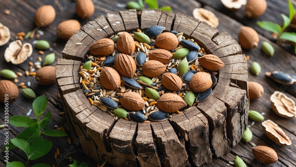Poster mix of various nuts and seeds in a wooden bowl on rustic wooden background surrounded by scattered n
