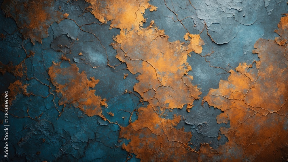 Poster Textured surface with blue and orange weathered paint peeling off creating an abstract background pattern