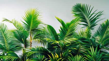 Fototapeta premium Tropical palm leaves and lush greenery against a light background natural foliage display