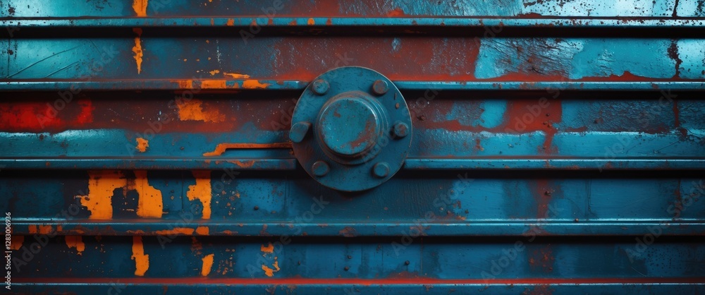 Aufkleber rusty metal surface with circular bolt and colorful paint splatters, industrial background texture a