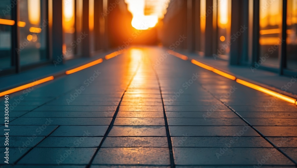 Poster perspective view of a modern walkway with illuminated edges during sunset highlighting reflections o
