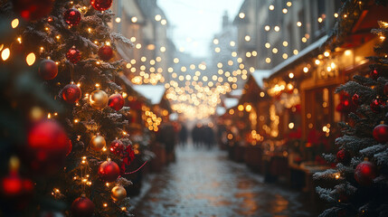Obraz premium Christmas background showcasing a vibrant marketplace with glowing string lights and ornaments